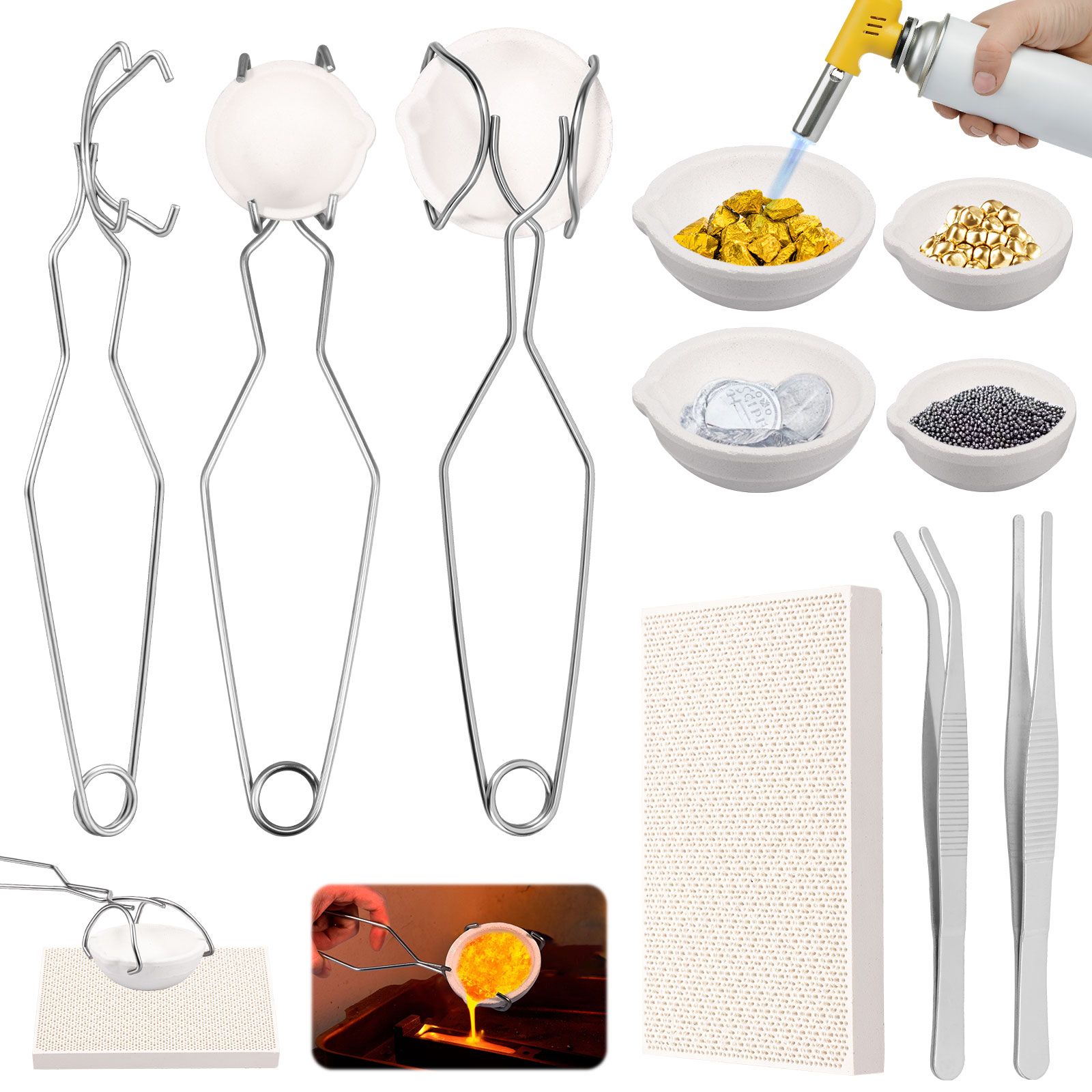 Jewelry Making Torch - ชุดครูซิเบิลสำหรับหลอมโลหะบริสุทธิ์สูง พร้อมชุดอุปกรณ์หลอมและหล่อแบบใช้ไฟฉาย สำหรับทำแม่พิมพ์ทองคำ เงิน และโลหะอื่นๆ สำหรับช่างทำเครื่องประดับ