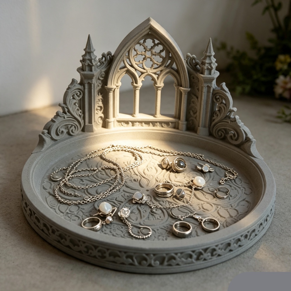Jewelry Making Board - ถาดใส่เครื่องประดับรูปโค้งมหาวิหารสไตล์กอธิคสีขาว พิมพ์ด้วยเทคโนโลยี 3D สำหรับจัดระเบียบโต๊ะเครื่องแป้งอย่างมีสไตล์ เหมาะเป็นของขวัญ